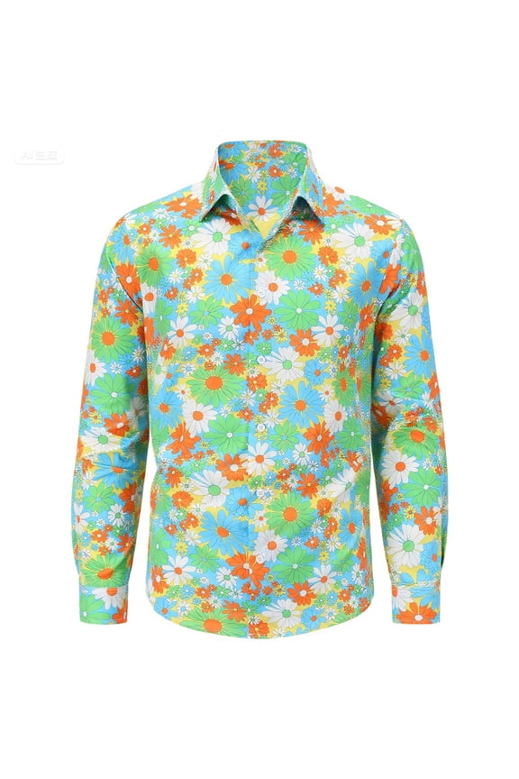 Men's Floral Button Up Shirt Long Sleeve Retro Flower Print Blouse Lightweight Casual Daily Top
