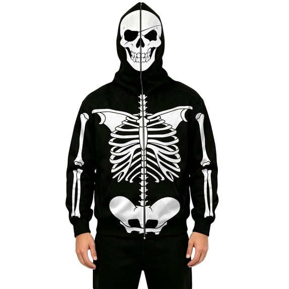 XIAOCHA Men's Full‑Zip Halloween Hoodie Zipper‑Face Hood Pirate Skull Skeleton Graphic Hooded Sweatshirt, Black, Sizes XL