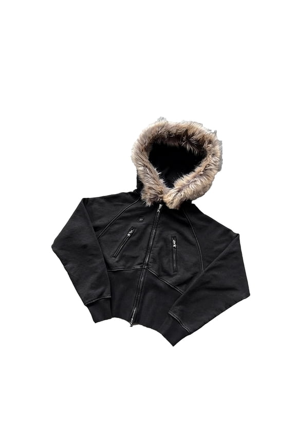 Men's Fur Trim Cropped Hoodie Oversized Long Sleeve Hooded Zip Up Jacket Edgy Streetwear Street Hoodies