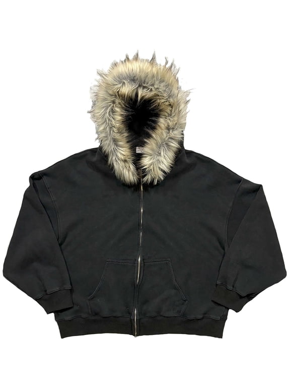 Men's Fur Trim Hoodie Oversized Long Sleeve Hooded Zip Up Sweatshirt Cozy Minimalist Casual Hoodies