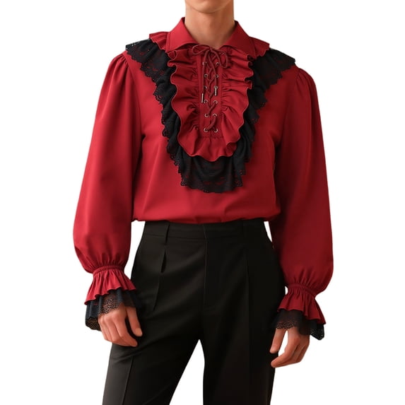 XIAOCHA Men's Gothic Ruffled Shirt Long Sleeve Turn Down Collar Lace Trim Ruffled Blouse Stylish Steampunk Party Wear Tops