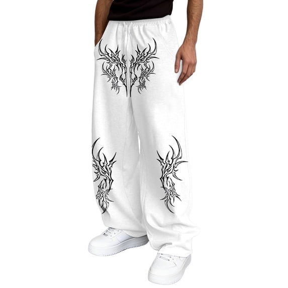 XIAOCHA Men's Gothic Tribal Print Sweatpants Baggy Fit Full Length Drawstring Waist Track Pants Soft Edgy Street Trousers