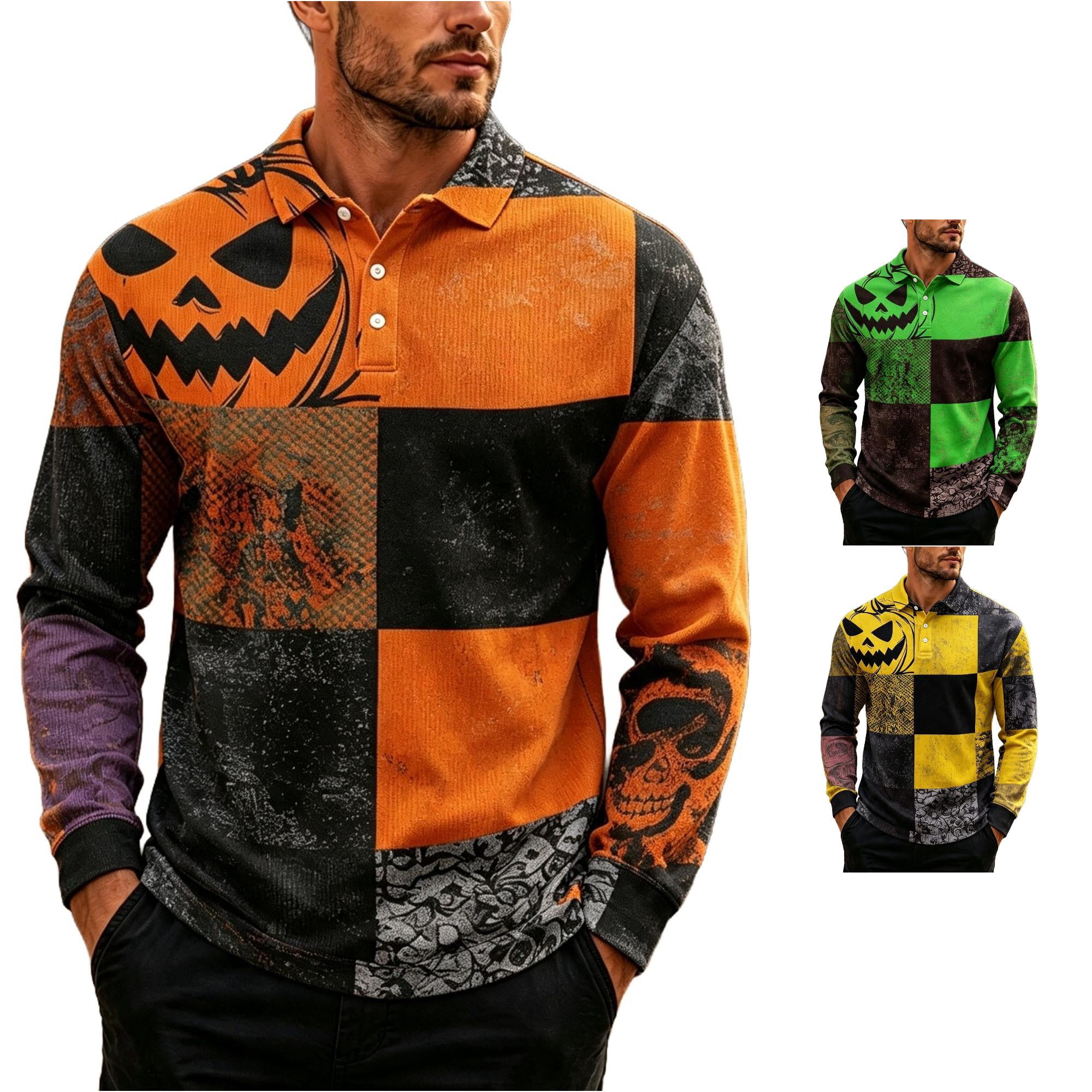 XIAOCHA Men's Halloween Pumpkin Face Polo Shirt Long Sleeve Block Print ...