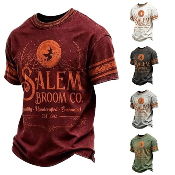 XIAOCHA Men's Halloween Witch Print T Shirt Short Sleeve Crew Neck Salem Broom Pullover Top, Red, Sizes M