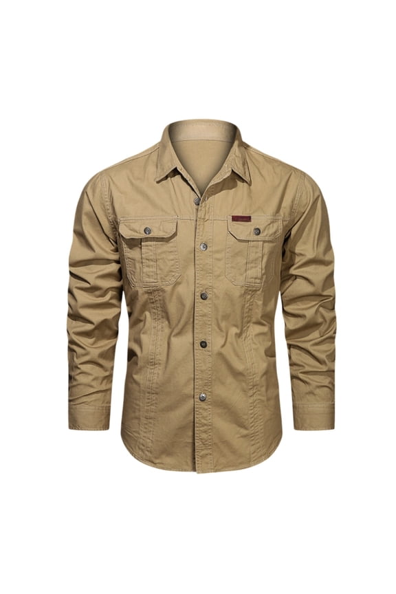 Men's Heavy Duty Rugged Shirt Long Sleeve Work Outdoor Functional Button Up Shirt Khaki