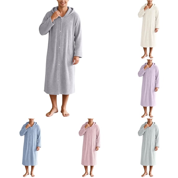 XIAOCHA Men's Hooded Front Button Bath Robe Long Sleeve Relaxed Fit Fall Night Gown