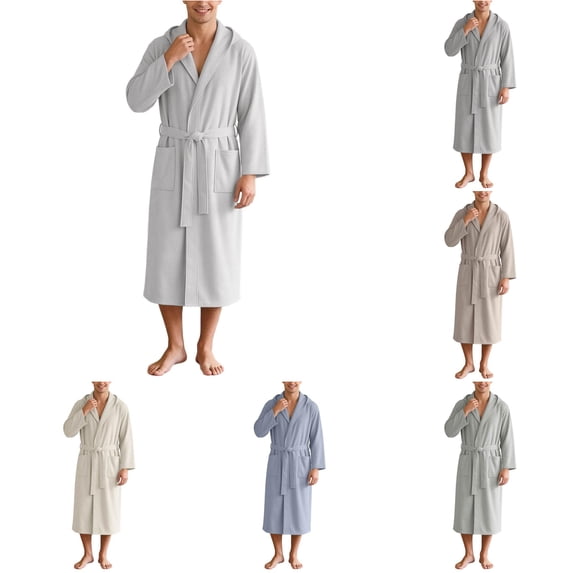 XIAOCHA Men's Hooded Tie Belt Sleep Robe Long-Sleeve All-Season Home Shower Gown