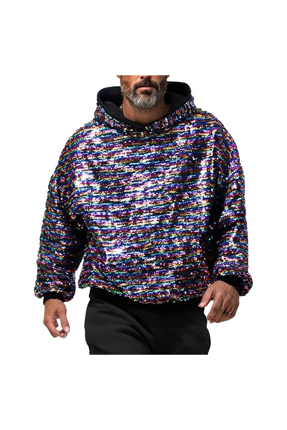 Men's Hoodie Sequin Oversized Long Sleeve Hooded Pullover Shiny Multicolor Striped Graphic Party Casual Top