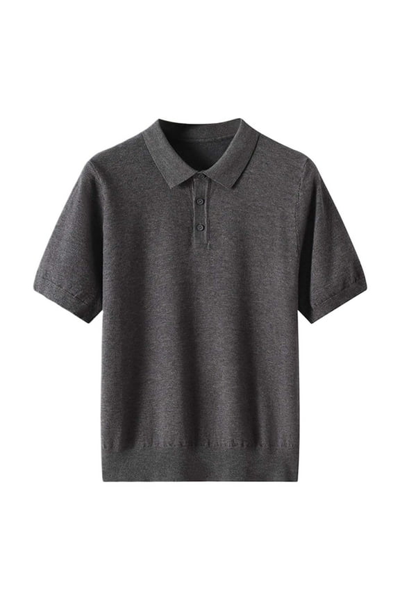 Men's Knit Polo Shirt Loose Fit Collared Short-Sleeve Button Placket Top Soft Stretch Office Wear Shirts