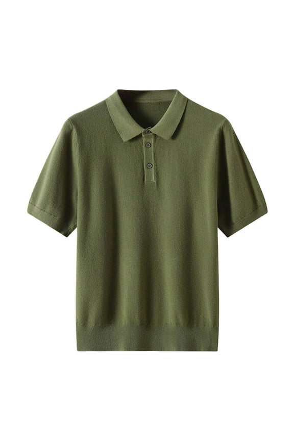 Men's Knit Polo Shirt Loose Fit Collared Short-Sleeve Button Placket Top Soft Stretch Office Wear Shirts