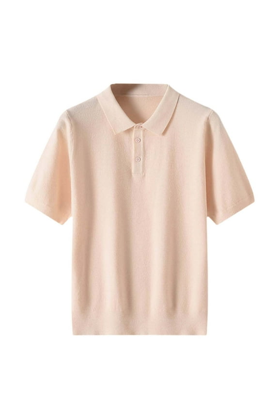 Men's Knit Polo Shirt Loose Fit Collared Short-Sleeve Button Placket Top Soft Stretch Office Wear Shirts