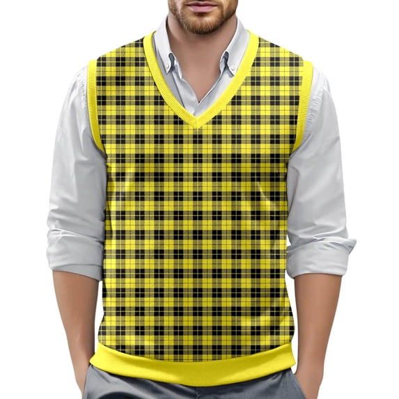 XIAOCHA Men's Knit Vest V Neck Plaid Print Sweater Warm Casual Office Top