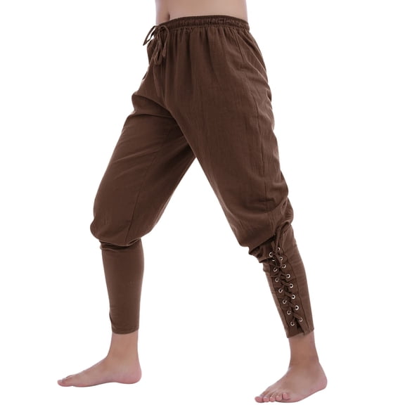 XIAOCHA Men's Lace Up Ankle Trousers Linen Loose Harem Pants Retro Breathable Casual Yoga PantsBrownL