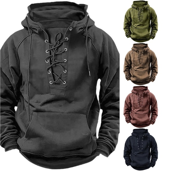 XIAOCHA Men's Lace‑Up Front Pullover Hoodie Loose Fit Fall Winter Casual Hooded Sweatshirts