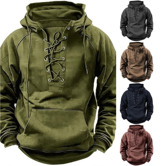 XIAOCHA Men's Lace‑Up Front Pullover Hoodie Loose Fit Fall Winter Casual Hooded Sweatshirts