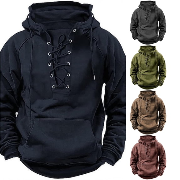 XIAOCHA Men's Lace‑Up Front Pullover Hoodie Loose Fit Fall Winter Casual Hooded Sweatshirts
