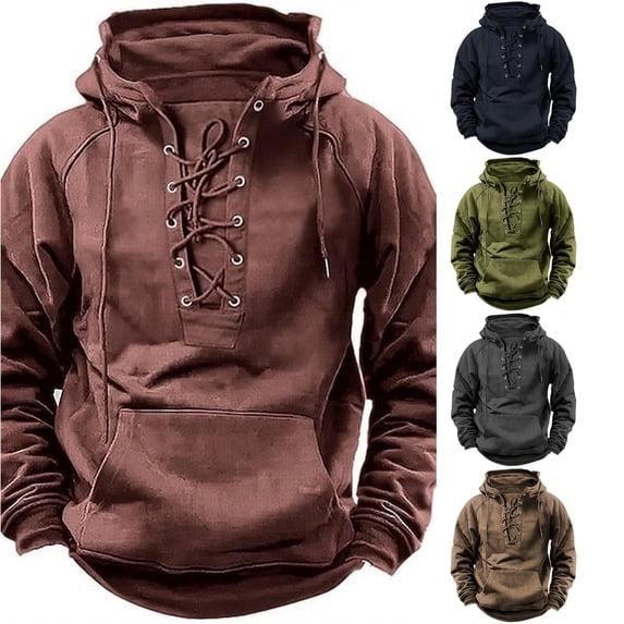 XIAOCHA Men's Lace‑Up Front Pullover Hoodie Loose Fit Fall Winter Casual Hooded Sweatshirts