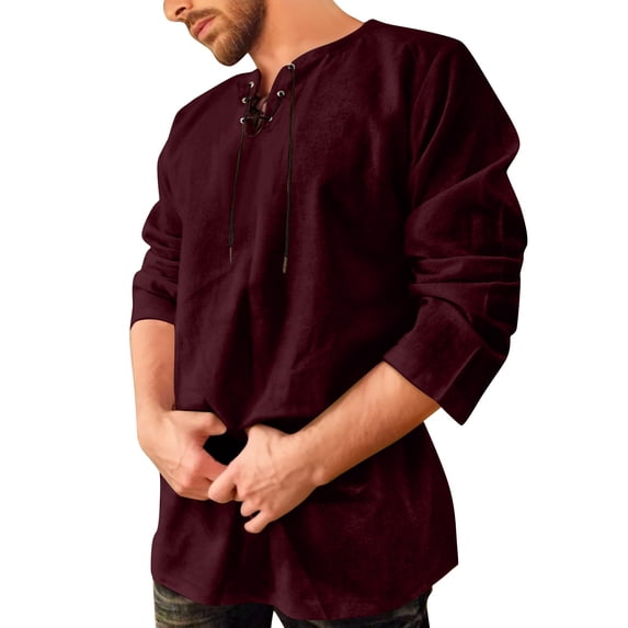XIAOCHA Men's Lace Up Medieval Tunic Long Sleeve Henley Neck Pullover Tunic Top Breathable Vintage Renaissance Tunics