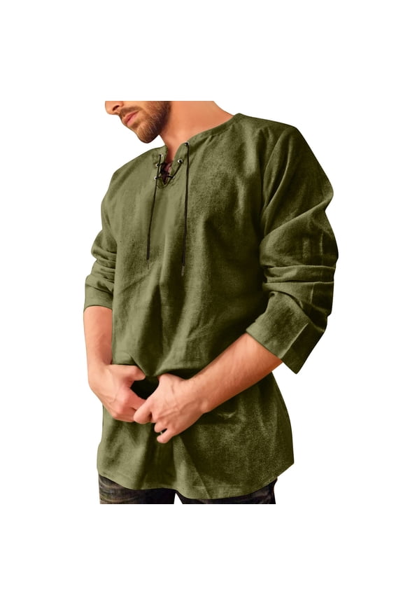 Men's Lace Up Medieval Tunic Long Sleeve Henley Neck Pullover Tunic Top Breathable Vintage Renaissance Tunics