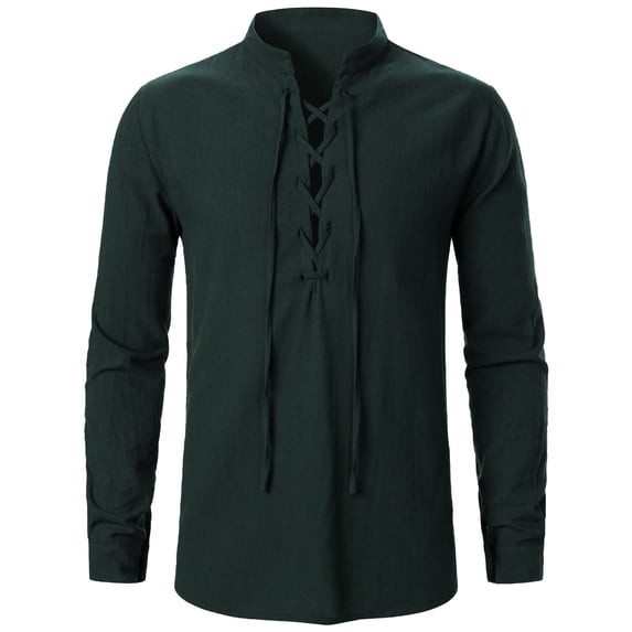 XIAOCHA Men's Lace Up Shirt Stand Collar Long Sleeve Top Breathable Medieval Casual Tee