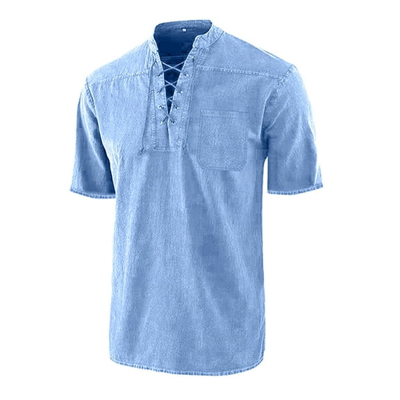 XIAOCHA Men's Lace-Up Short-Sleeve Shirt Regular Fit Stand-Collar Retro Top Comfy Lightweight Street Wear Shirts