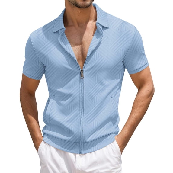 XIAOCHA Men’s Lightweight Breathable Textured Full Zip Short Sleeve Shirt Slim Fit Casual Daily Polo