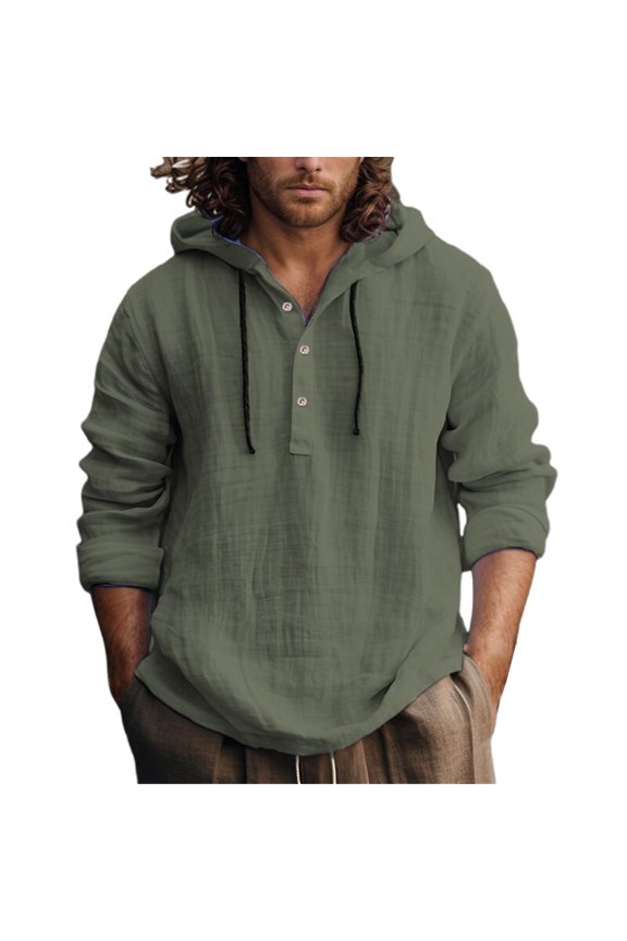 Men's Linen Blend Casual Hooded Henley Shirt Relaxed Fit Button Front Drawstring Hood Pullover Breathable Casual Outdoor Daily Wear Top