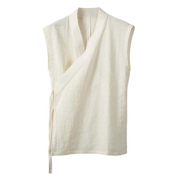 XIAOCHA Men's Linen Blend Vest Wrap Front Tie Closure Top Breathable Minimalist Casual Shirt