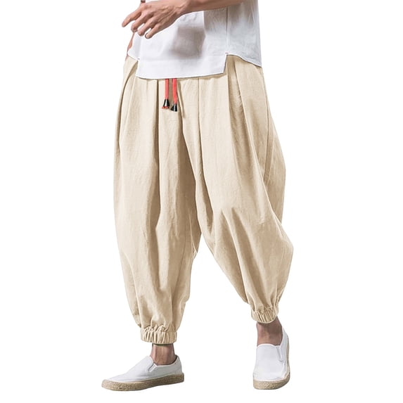 XIAOCHA Men's Linen Harem Pant Baggy Cropped Drawstring Waist Trouser Breathable Casual Summer Pants