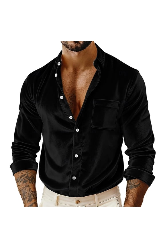 Men's Luxury Velvet Shirt Long Sleeve Turn Down Collar Button Front Blouse Smooth Stylish Wedding Guest Tops