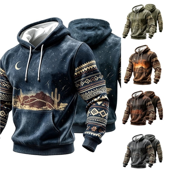 XIAOCHA Men's Moon‑Night‑Desert‑Navajo Hoodie Long‑Sleeve Western‑Vintage Hooded Sweatshirt, Navy, Sizes M