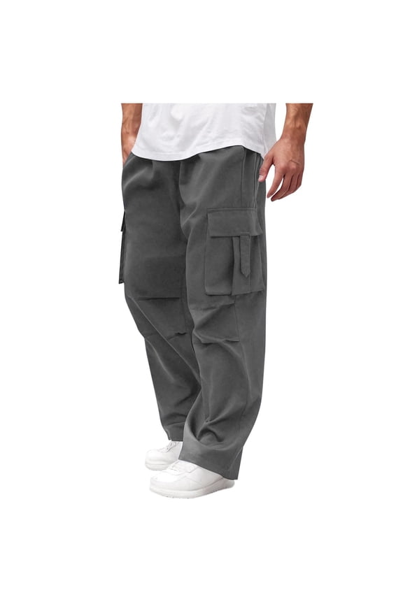 Men's Multi Pocket Baggy Cargo Pants Elastic Waist Trousers Durable Solid Color Casual Streetwear Slacks