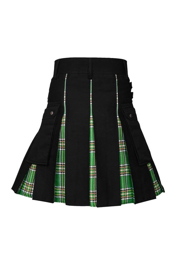 Men's Plaid Panel Utility Kilt Pleated Cargo Pocket Skirts Durable Scottish Festival Wear Bottoms