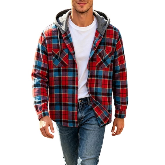 XIAOCHA Men's Plaid Print Hooded Button Up Shirt Jacket Relaxed Fit Weekend Shirt Jackets