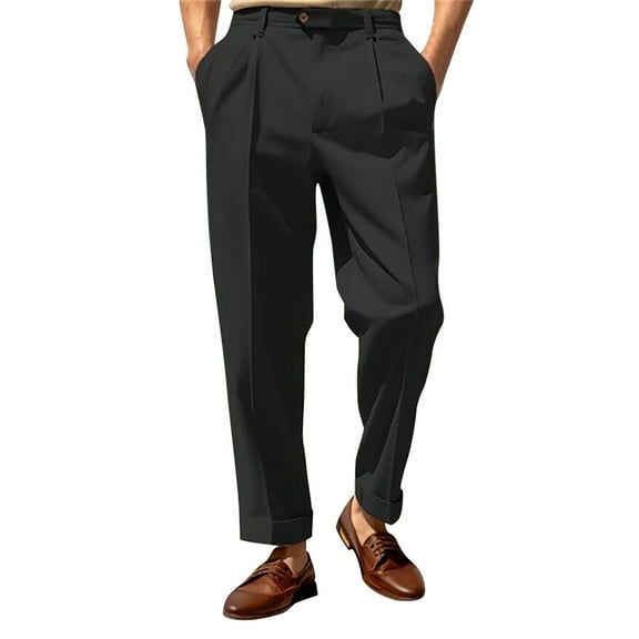 XIAOCHA Men's Pleated Dress Pants Loose-Fit Button Straight Pants Business-Casual Work TrousersBlackL