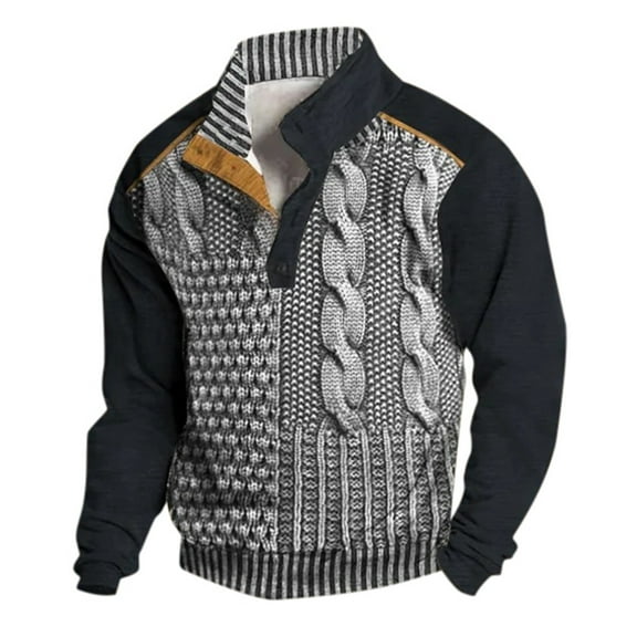 XIAOCHA Men's Print Stand Collar Tie Buckle Closure Pullover Sweatshirt