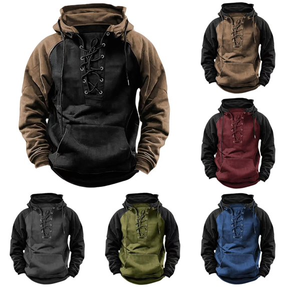 XIAOCHA Men's Pullover Hoodie Lace Up Raglan Sweatshirts Vintage Hooded Sweatshirt, Black, Sizes XXXL
