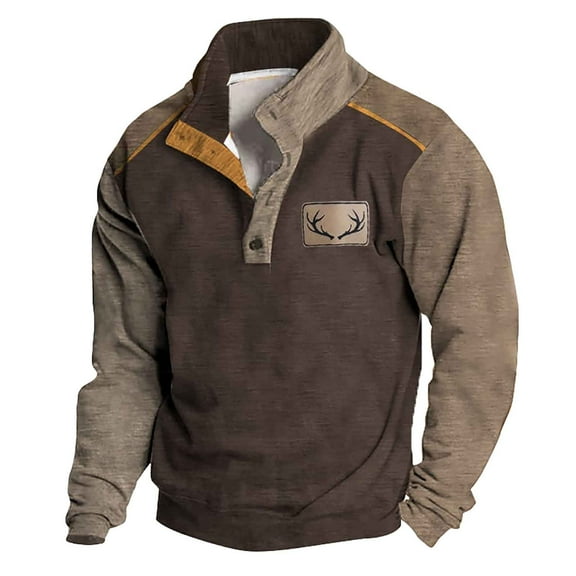 XIAONU Men's Retro Ethnic Sweatshirt Long Sleeved Stand Collar Top Soft Warm Outdoor Workout Sweatshirt Brown XXL