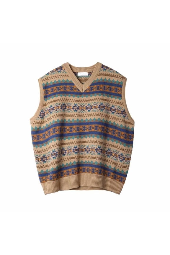 Men's Retro Geometric Pattern Vest V Neck Cut Relaxed Fit Fall Weekend Waistcoat