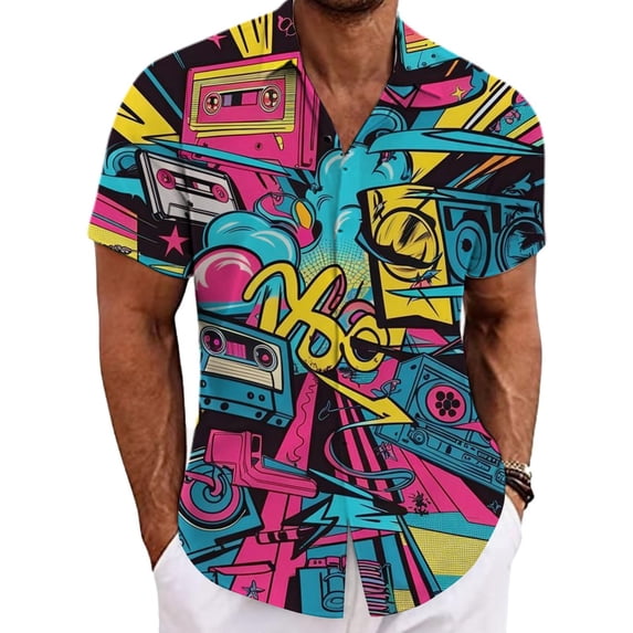 XIAOCHA Men's Retro Graphic Shirt Button Down Short Sleeve Shirt Lightweight Trendy Party Wear Top