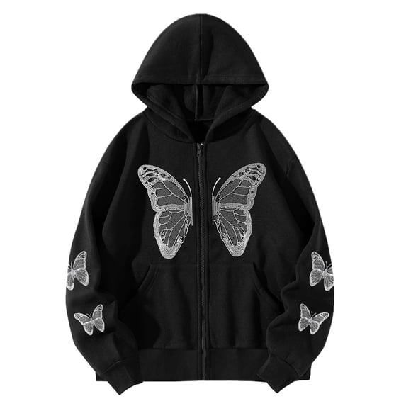 XIAOCHA Men's Rhinestone Butterfly Hoodie Oversized Long Sleeve Hooded Zip Up Sweatshirt Soft Streetwear Casual Hoodies