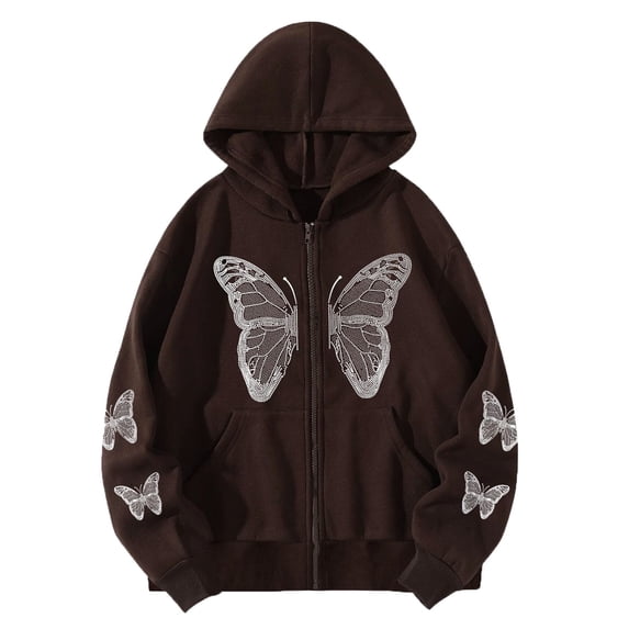 XIAOCHA Men's Rhinestone Butterfly Hoodie Oversized Long Sleeve Hooded Zip Up Sweatshirt Soft Streetwear Casual Hoodies