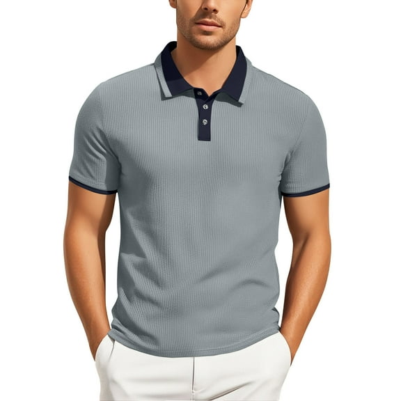 XIAOCHA Men's Ribbed Polo Shirt Slim-Fit Crew Neck Short-Sleeve Top Stretch Casual Athletic Blouse