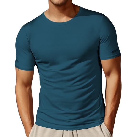 XIAOCHA Men's Ribbed T-Shirt Slim-Fit Crew Neck Short-Sleeve Top Soft Stretch Athletic Workout Tee