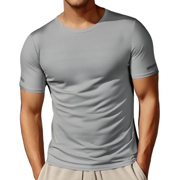 XIAOCHA Men's Ribbed T-Shirt Slim-Fit Crew Neck Short-Sleeve Top Soft Stretch Athletic Workout Tee
