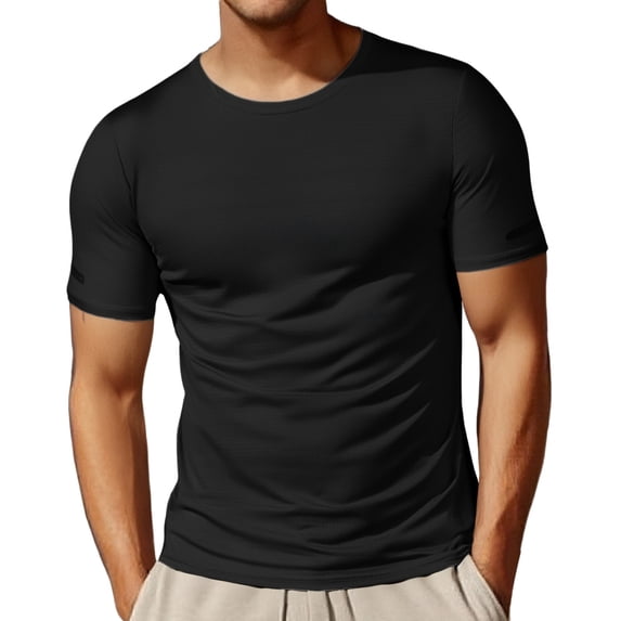 XIAOCHA Men's Ribbed T-Shirt Slim-Fit Crew Neck Short-Sleeve Top Soft Stretch Athletic Workout Tee
