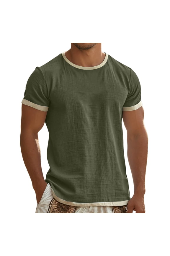 Men's Ringer Tee Short Sleeve Round Neck Contrast Trim Casual Loose Fit Lightweight Daily Shirt