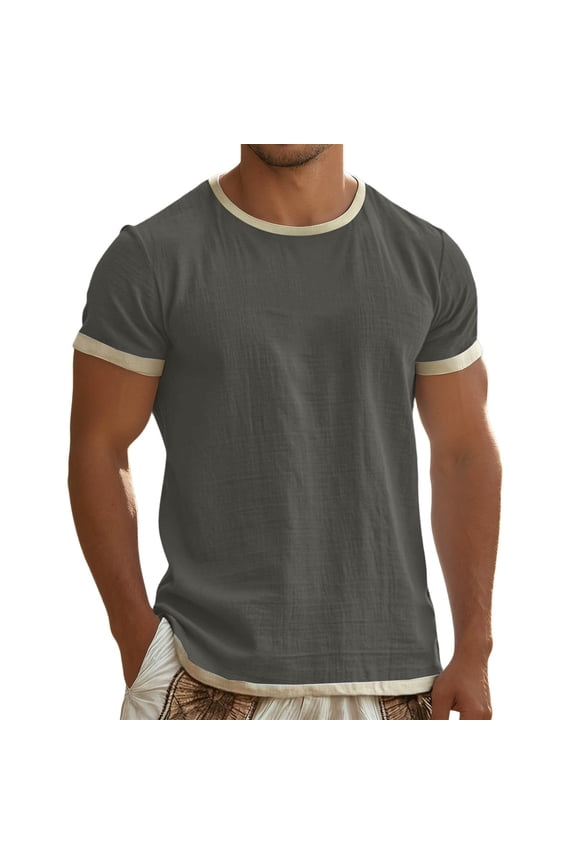 Men's Ringer Tee Short Sleeve Round Neck Contrast Trim Casual Loose Fit Lightweight Daily Shirt