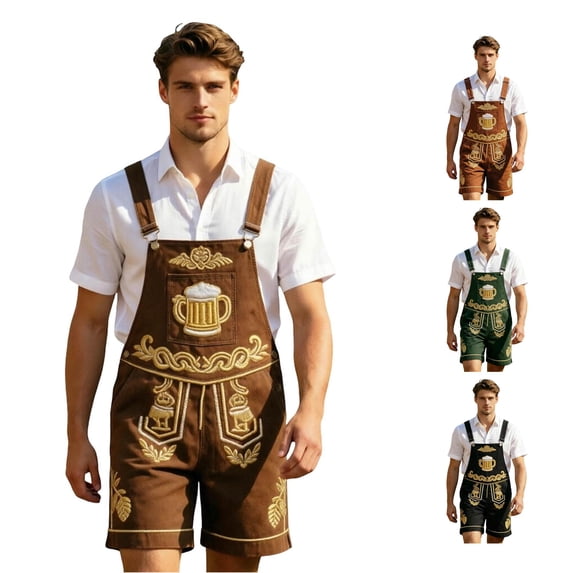 XIAOCHA Men's Scroll Embroidery Lederhosen Wide Strap Oktoberfest Suspender Shorts Halloween Pants,Brown,Sizes XXXXL