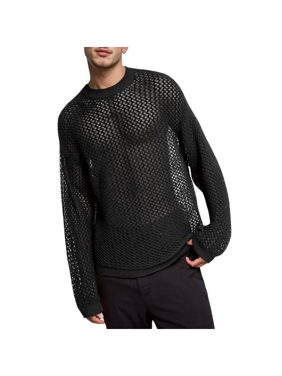 Men's Sheer Mesh Knit Sweaters Long Sleeve Crew Neck Open Knit Pullover Top Casual Streetwear Party Tops